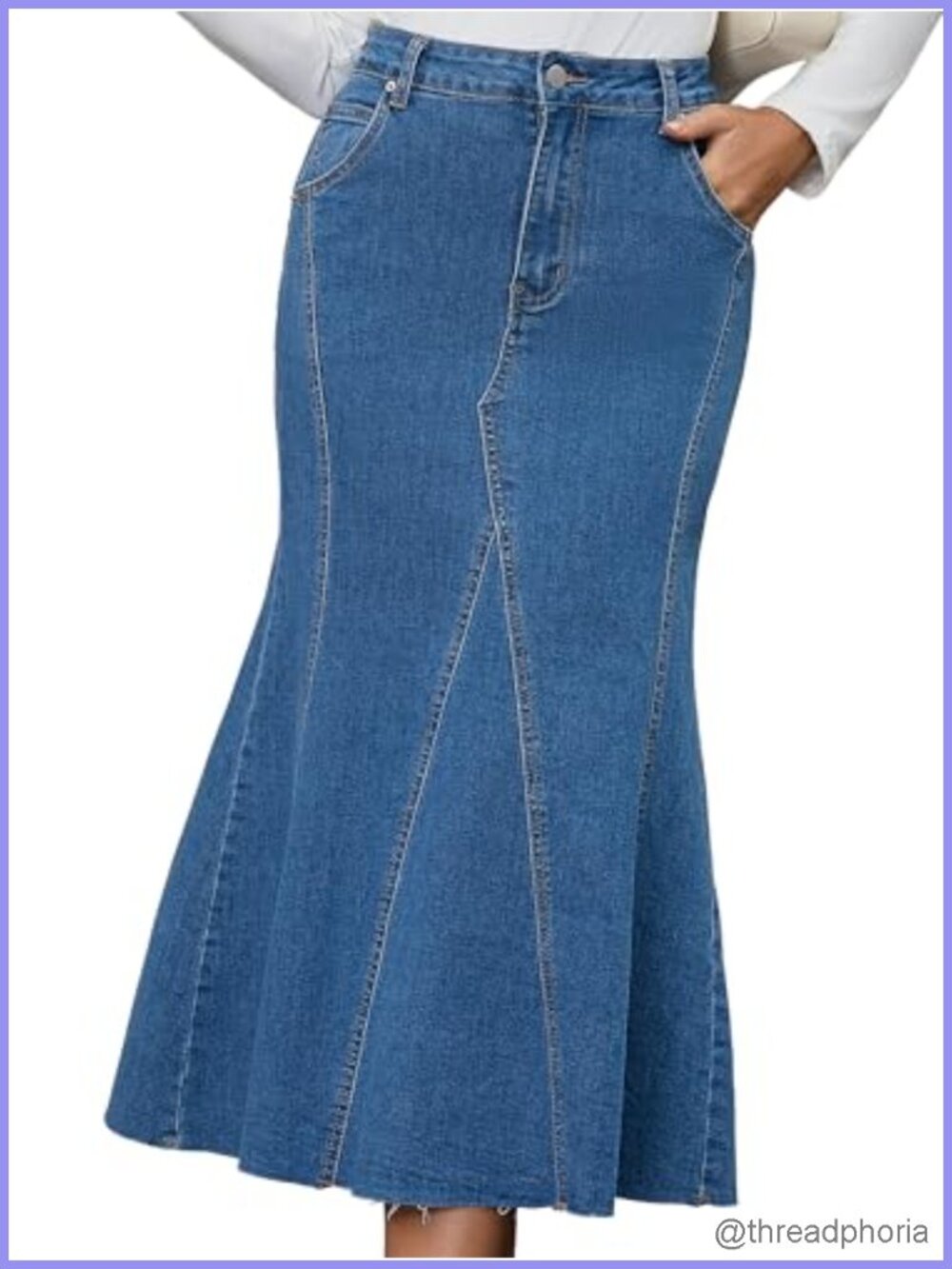 Fishtail Hem High Waisted Stretchy Denim Maxi Skirt Fit and Flare